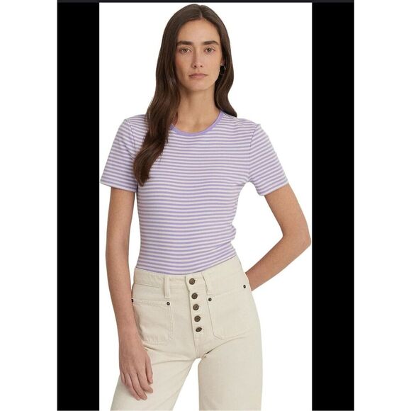 Lauren by Ralph Lauren Purple and White Stripe Short Sleeve T Shirt Size Small - Picture 1 of 6